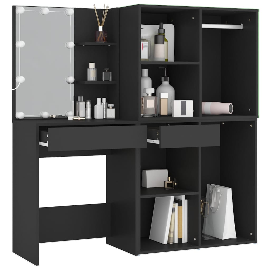 Led Dressing Table With Cabinets Black Engineered Wood
